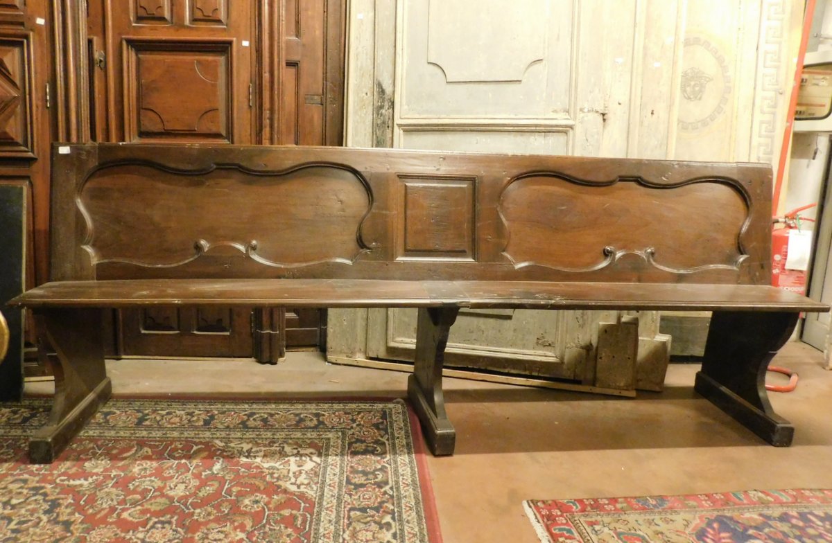 panc94 - banc en noyer, époque XVIIIe siècle, Piémont, cm l 252 x h 95 x p.49